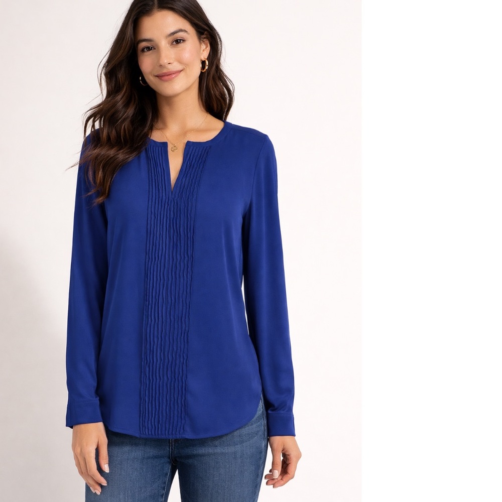 Talbots Cobalt Blue Pintuck Blouse Petite Medium Long Sleeve Split Neck Top